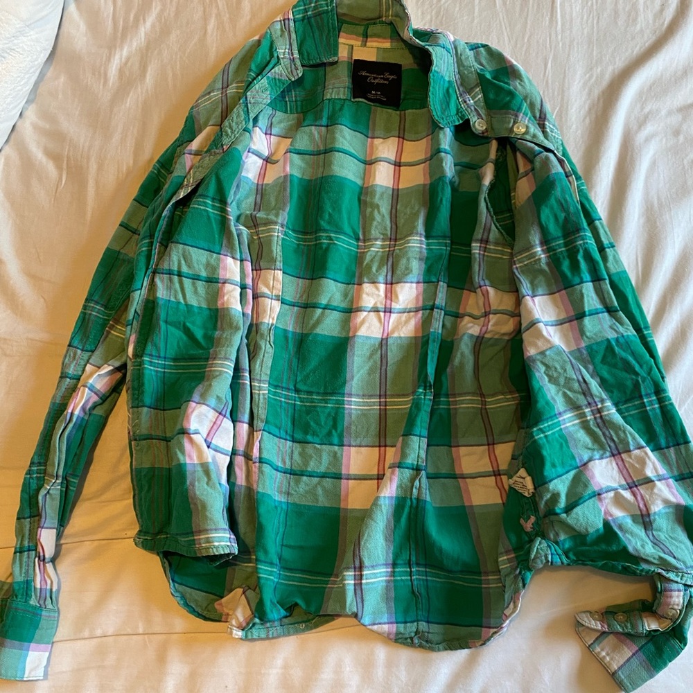 American Eagle Outfitters Green Plaid Button-Down Shirt
